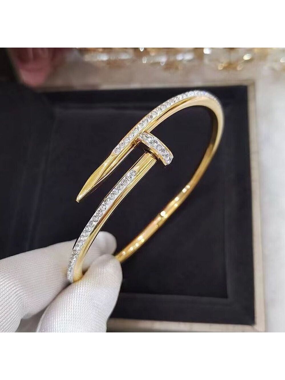 18K Gold Plated Stainless Steel Luxury Simulated Diamond Nail Bangle